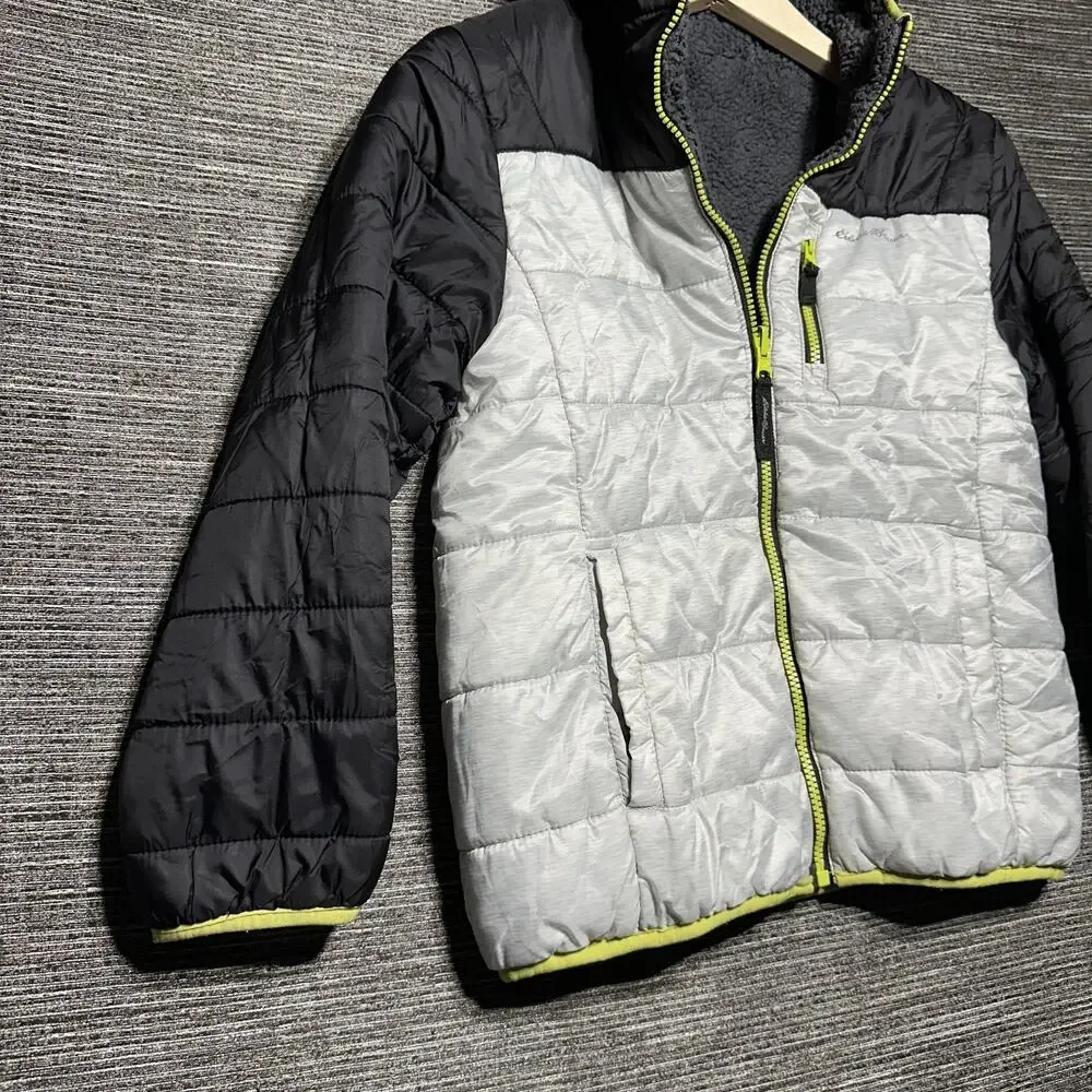 Eddie Bauer Jacket Kids M (10/12) Gray Black Full Zip Fleece Puffer Nylon